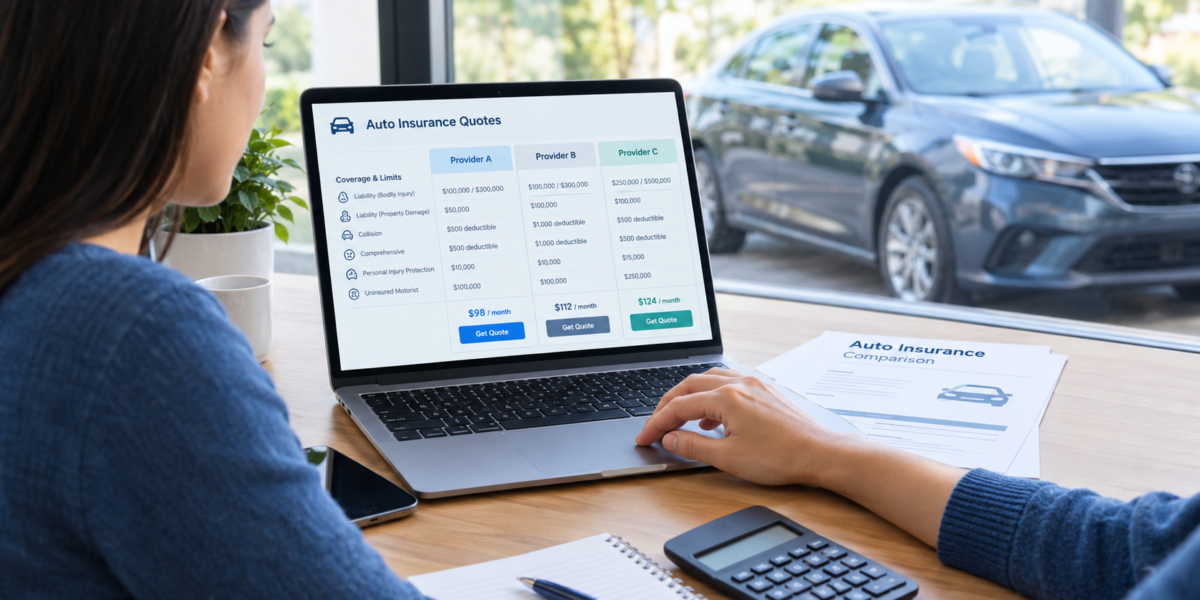 Car owner comparing auto insurance quotes on a laptop beside a calculator and vehicle.