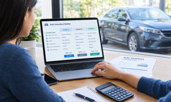 Car owner comparing auto insurance quotes on a laptop beside a calculator and vehicle.