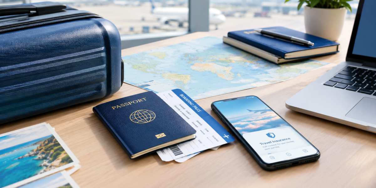 International travel insurance planning with passport, boarding pass, suitcase and travel documents