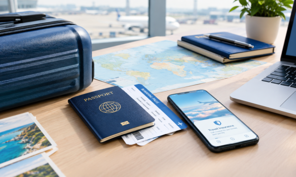 International travel insurance planning with passport, boarding pass, suitcase and travel documents