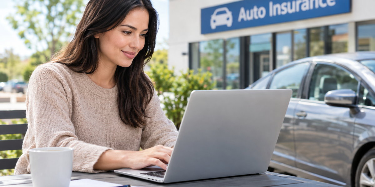 Modern car, insurance documents, smartphone, and calculator representing local auto insurance comparison