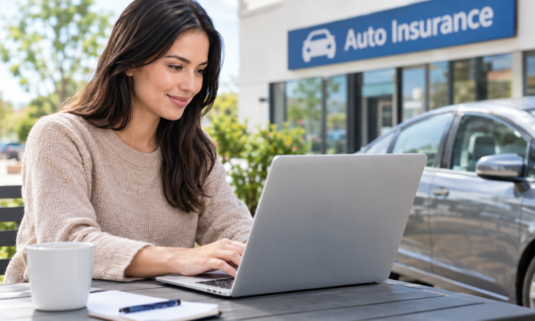 Modern car, insurance documents, smartphone, and calculator representing local auto insurance comparison