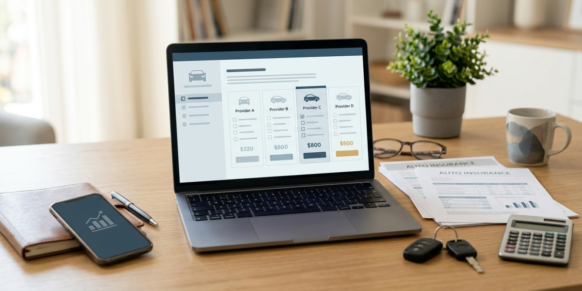 Professional desk with car insurance quote comparison on a laptop, car keys, calculator, and insurance documents.