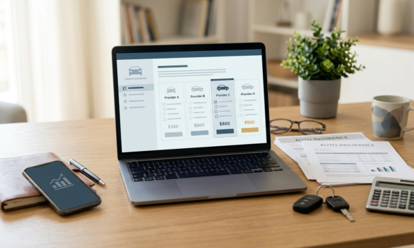 Professional desk with car insurance quote comparison on a laptop, car keys, calculator, and insurance documents.