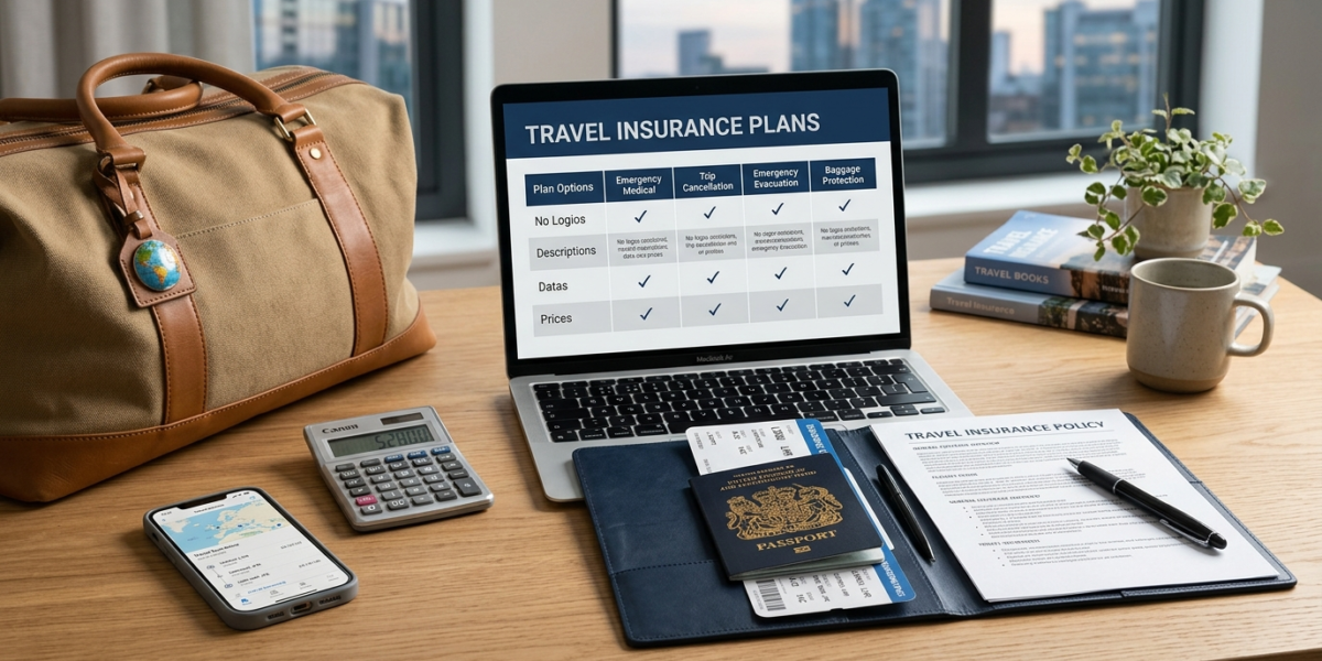 Travel insurance comparison documents with a passport, laptop, smartphone, and travel bag on a planning desk