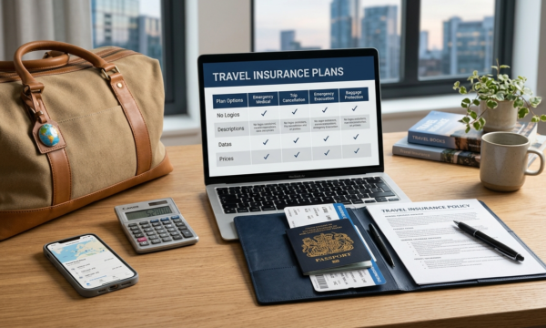 Travel insurance comparison documents with a passport, laptop, smartphone, and travel bag on a planning desk
