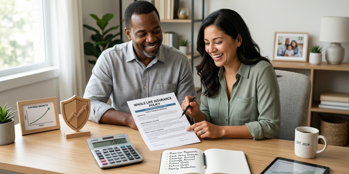 Family reviewing a whole life insurance policy and long term financial plan at a desk.