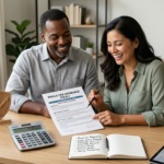 Family reviewing a whole life insurance policy and long term financial plan at a desk.
