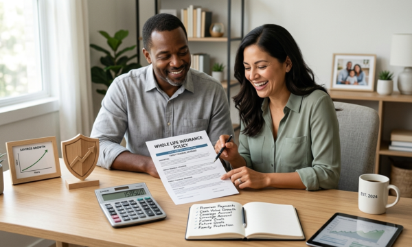 Family reviewing a whole life insurance policy and long term financial plan at a desk.