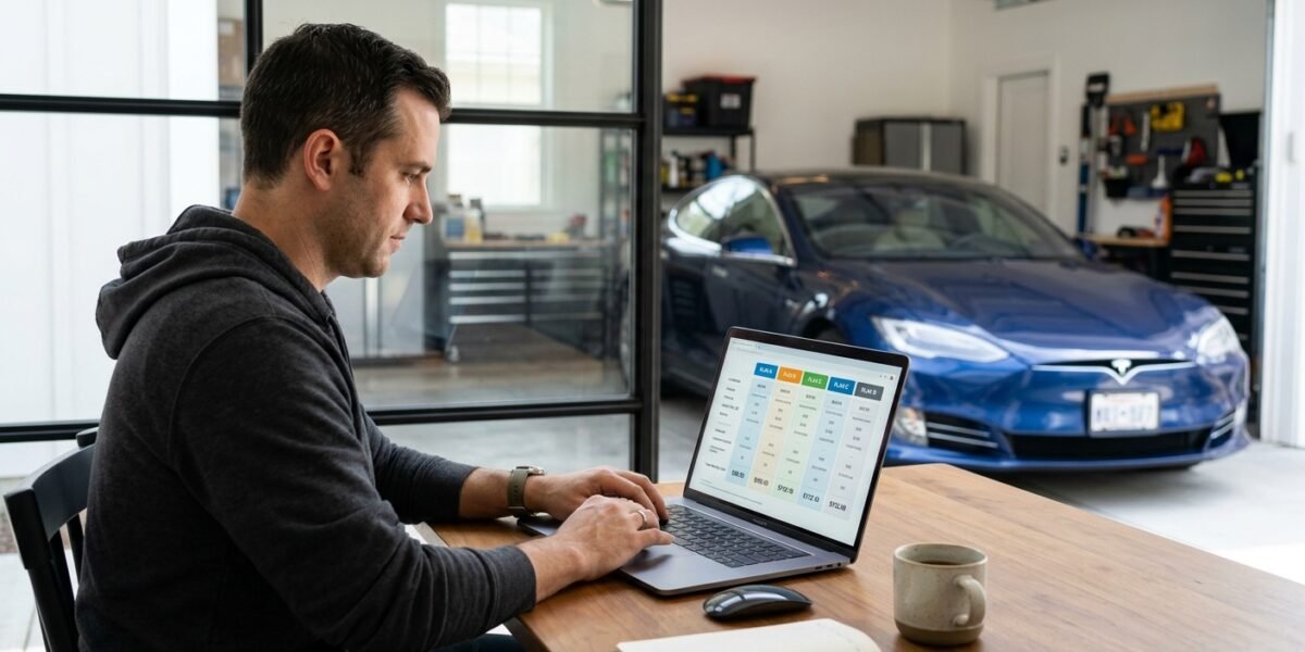 Driver comparing generic car insurance options on a laptop with a vehicle in the background.