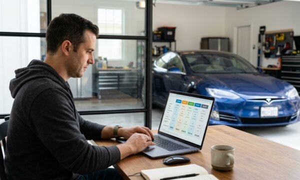 Driver comparing generic car insurance options on a laptop with a vehicle in the background.