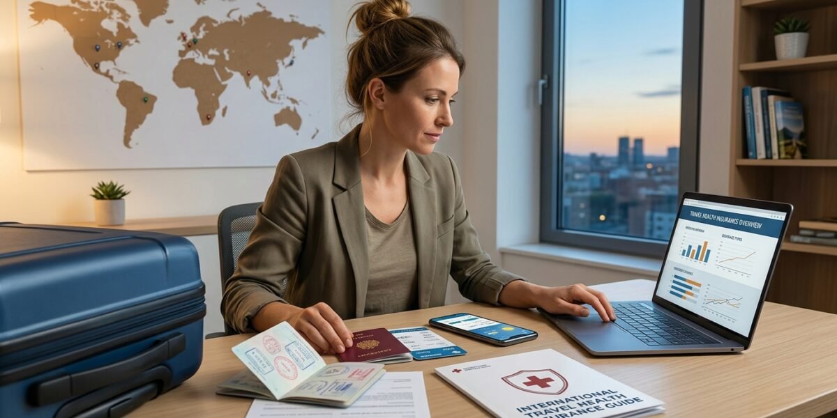 Traveler reviewing generic travel health insurance information with a passport, laptop, and suitcase before an international trip.