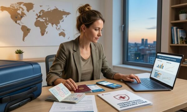Traveler reviewing generic travel health insurance information with a passport, laptop, and suitcase before an international trip.