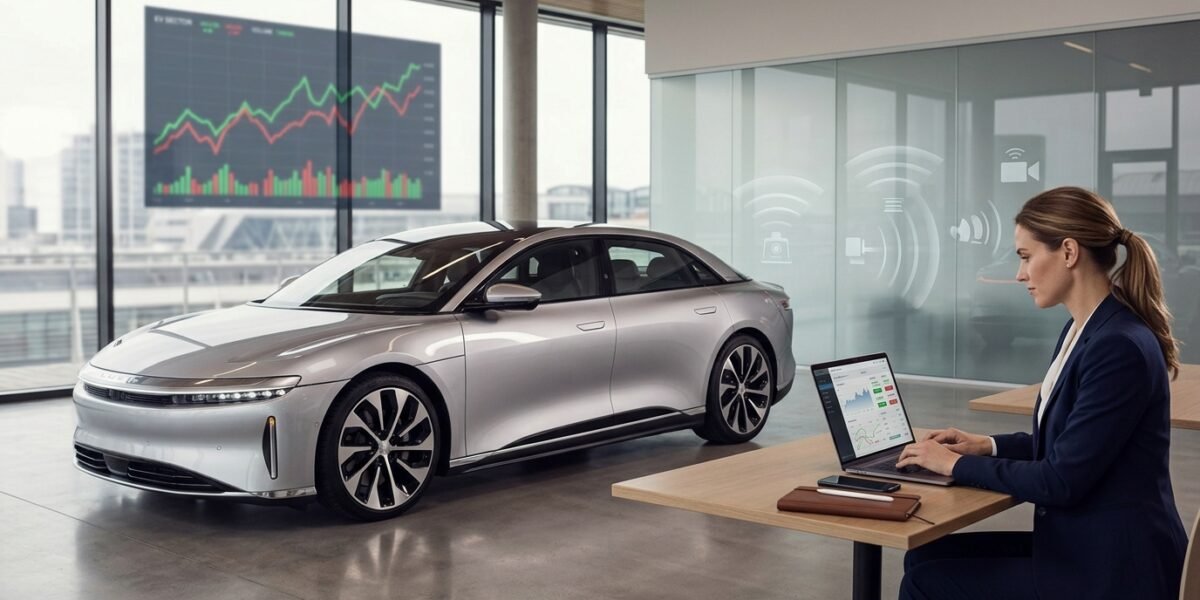 Lucid electric vehicle with a trader researching LCID stock market activity and autonomous driving developments.
