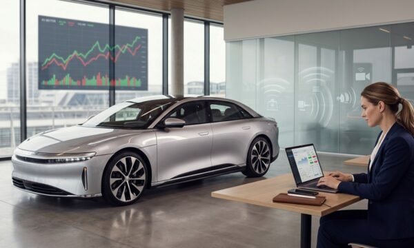 Lucid electric vehicle with a trader researching LCID stock market activity and autonomous driving developments.