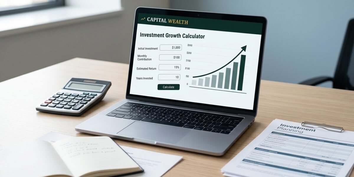 Professional investment growth calculator displayed on a laptop with a financial growth chart and investment planning documents.