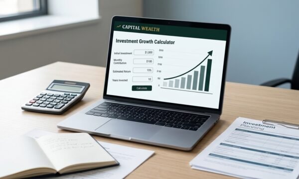 Professional investment growth calculator displayed on a laptop with a financial growth chart and investment planning documents.