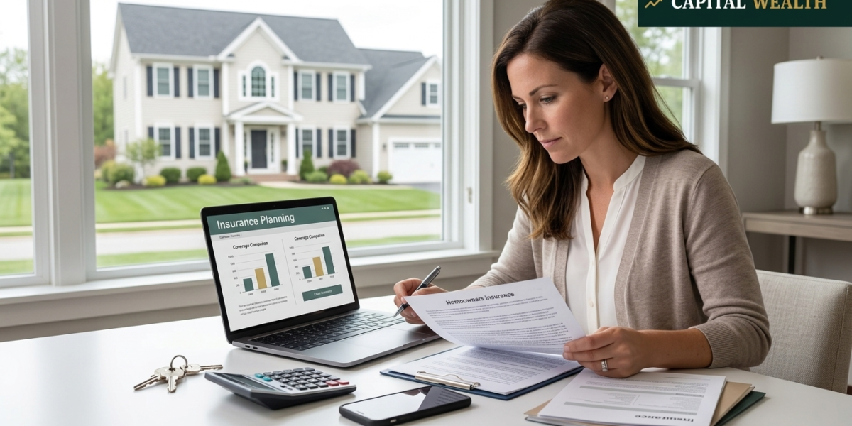 Homeowner reviewing USA homeowners insurance documents with a laptop and house keys at a desk.
