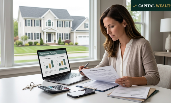 Homeowner reviewing USA homeowners insurance documents with a laptop and house keys at a desk.
