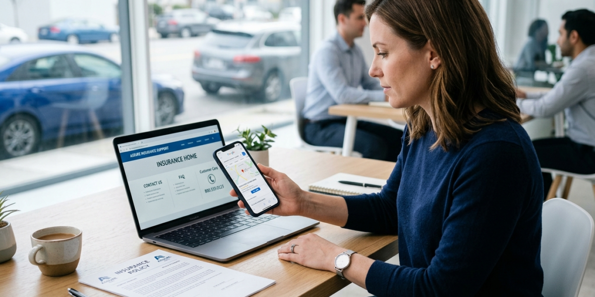 Professional insurance customer support setup with a smartphone, laptop, and generic auto insurance documents.