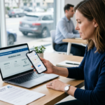Professional insurance customer support setup with a smartphone, laptop, and generic auto insurance documents.