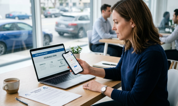 Professional insurance customer support setup with a smartphone, laptop, and generic auto insurance documents.