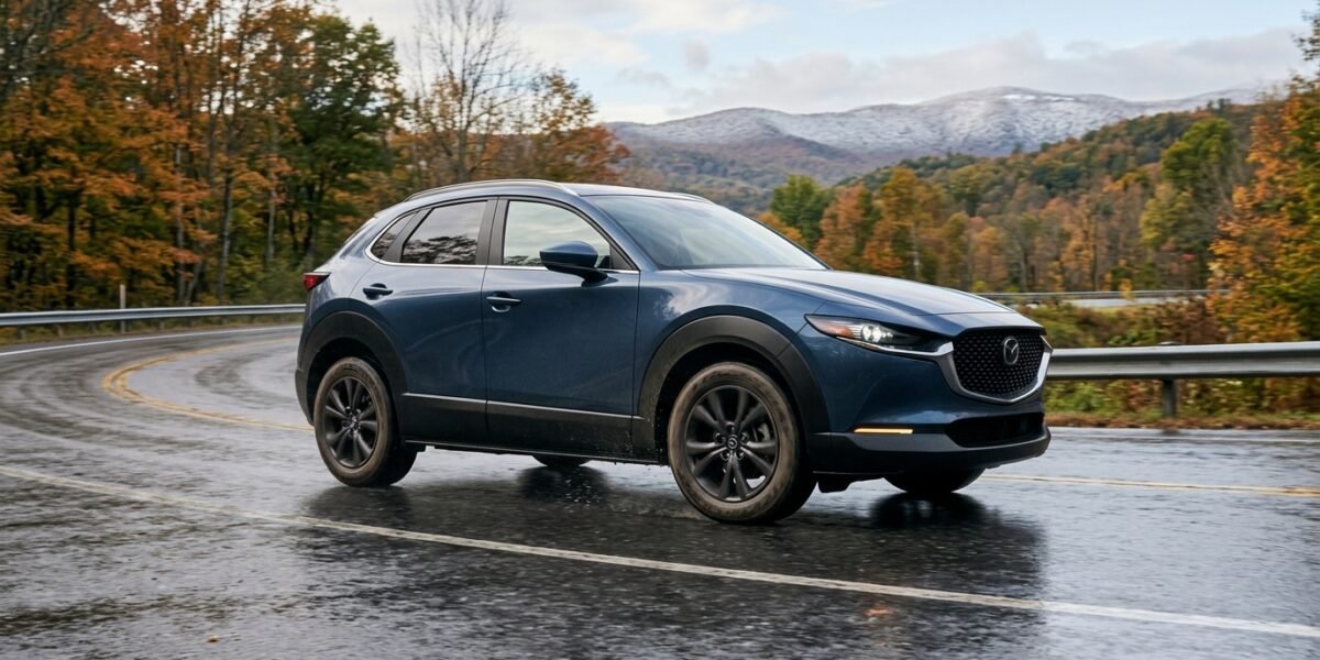 Featured Image Concept A premium automotive editorial scene showing a modern crossover equipped with all weather tires traveling on a wet road during changing seasonal conditions. The scene should communicate year round driving without exaggerating winter capability. Featured Image Prompt Create a realistic professional automotive editorial photograph, 1200 × 675 pixels, 16:9 aspect ratio. Show a modern crossover vehicle driving naturally on a wet paved road after rainfall, with subtle seasonal scenery in the background and a light amount of snow visible far in the distance. The tire area should be visible enough to communicate an all weather tire concept without displaying fake specifications. Use realistic natural lighting, authentic road reflections, detailed tire texture, premium automotive photography, clean composition, and a trustworthy editorial appearance. Do not include fake dashboards, fake product packaging, fake statistics, misleading performance claims, unnecessary text, fabricated documents, or random brand logos. The final image should look like an original professional photograph for an informational automotive article.