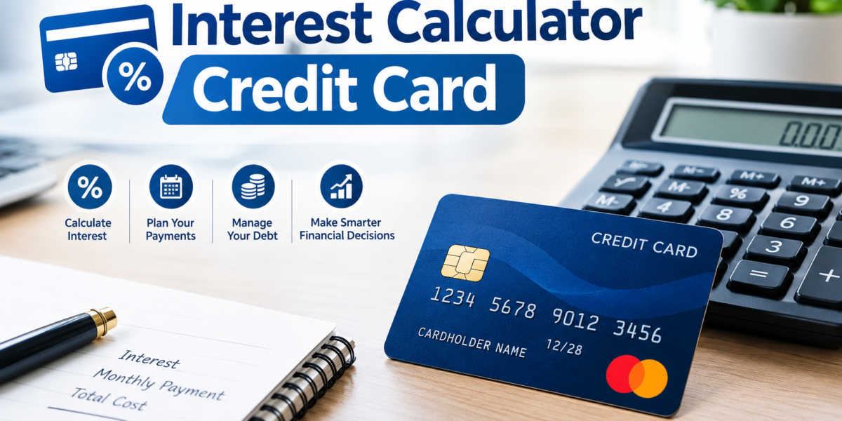 Interest Calculator Credit Card featuring a credit card, calculator, and financial planning workspace.