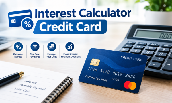 Interest Calculator Credit Card featuring a credit card, calculator, and financial planning workspace.