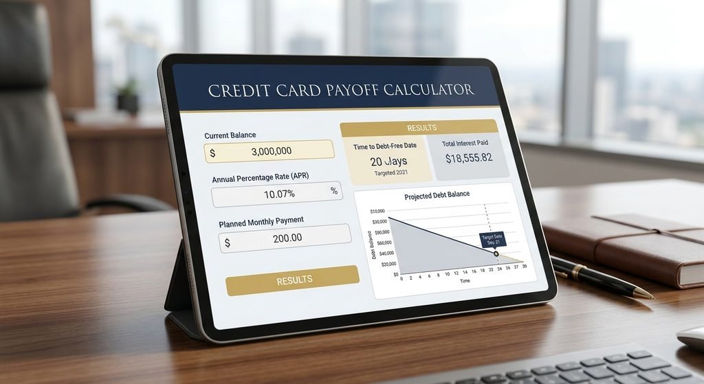 Credit card payoff calculator showing a clear debt repayment plan with credit card balance, interest rate, monthly payment, estimated payoff time, total interest, and remaining balance calculations for effective personal finance and debt management.