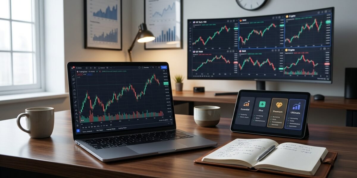 Trading View Plans dashboard displaying stock charting tools, technical indicators, and pricing options on a modern trading workstation.