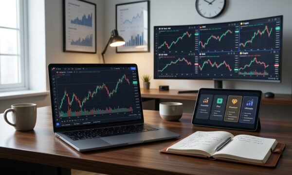 Trading View Plans dashboard displaying stock charting tools, technical indicators, and pricing options on a modern trading workstation.