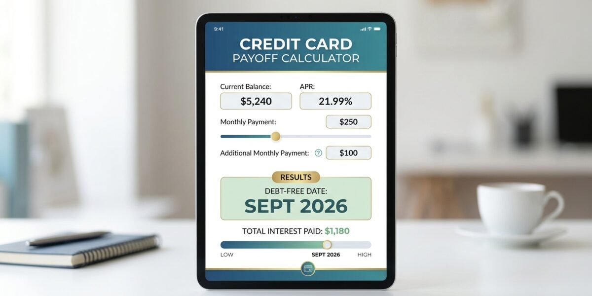 Tablet displaying a credit card payoff calculator interface showing input fields for balance, APR, and monthly payments with a debt-free target date result.