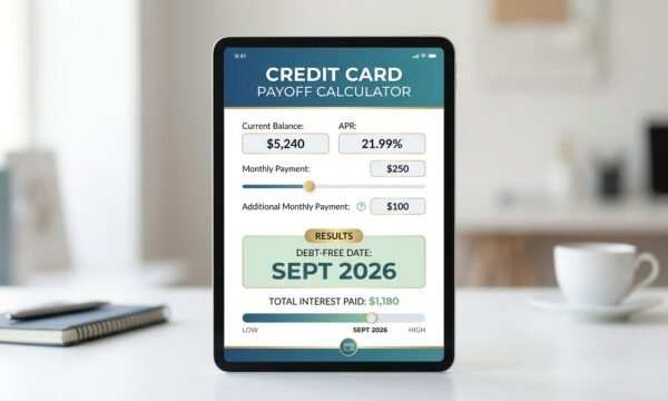 Tablet displaying a credit card payoff calculator interface showing input fields for balance, APR, and monthly payments with a debt-free target date result.