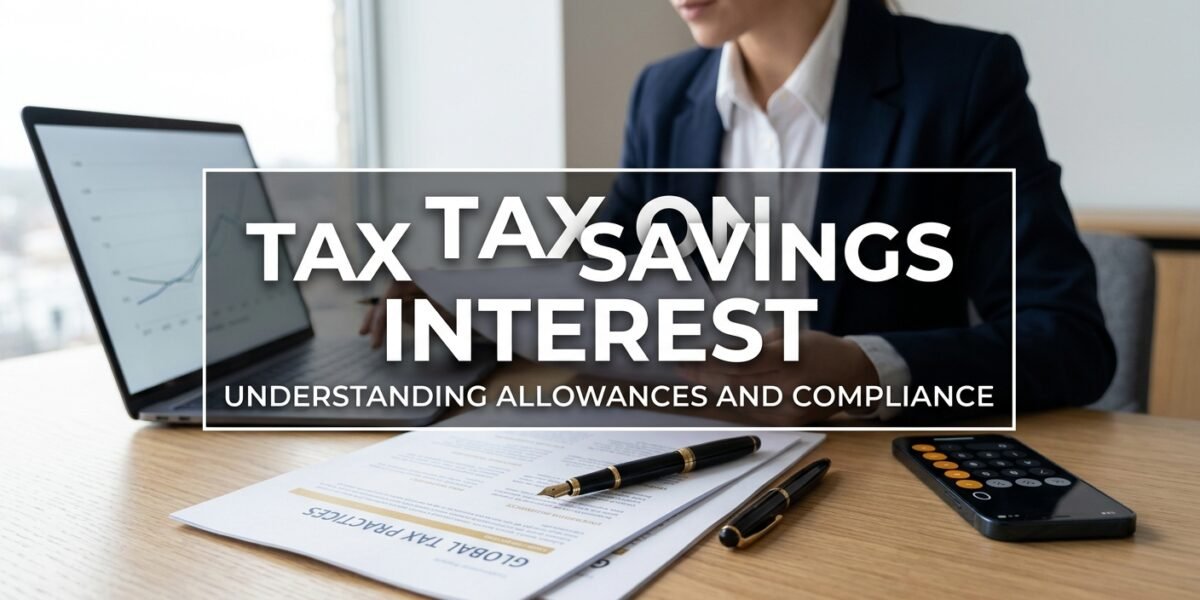 Professional businesswoman working at a desk with a laptop, documents, calculator, and pen, with text overlay reading 'Tax on Savings Interest: Understanding Allowances and Compliance.