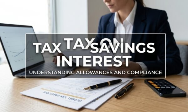 Professional businesswoman working at a desk with a laptop, documents, calculator, and pen, with text overlay reading 'Tax on Savings Interest: Understanding Allowances and Compliance.