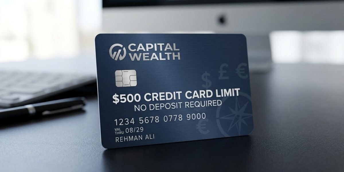 A black credit card displaying a $500 limit next to money and finance icons, representing an secured credit card.