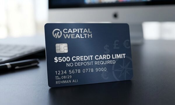 A black credit card displaying a $500 limit next to money and finance icons, representing an secured credit card.