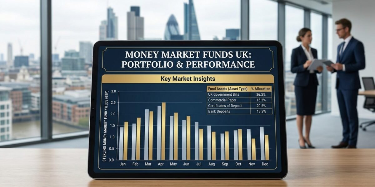 A digital tablet displaying a portfolio performance dashboard titled "MONEY MARKET FUNDS UK: PORTFOLIO & PERFORMANCE" with a bar chart and asset allocation table, set in a modern London office with financial professionals in the background.