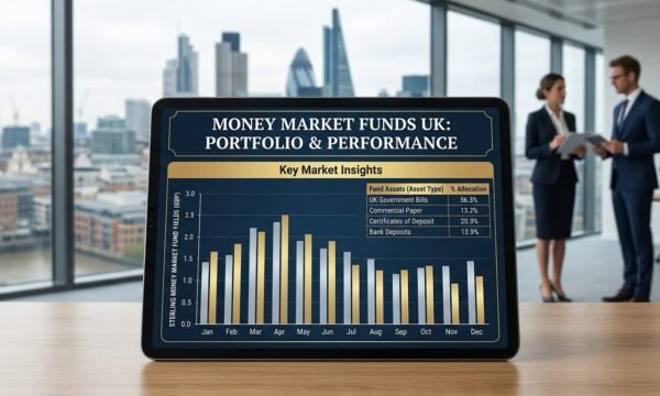 A digital tablet displaying a portfolio performance dashboard titled "MONEY MARKET FUNDS UK: PORTFOLIO & PERFORMANCE" with a bar chart and asset allocation table, set in a modern London office with financial professionals in the background.