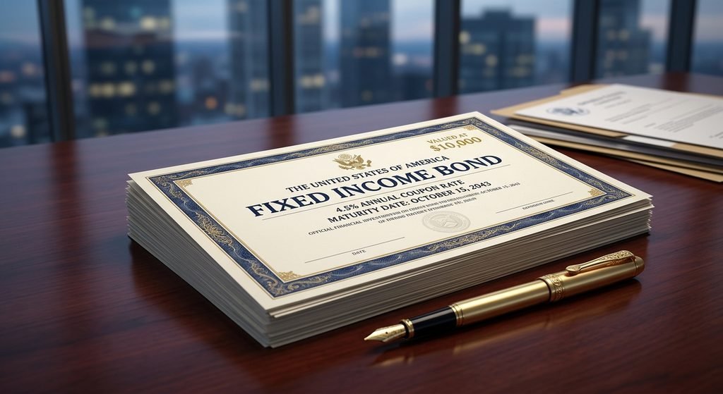 Fixed income bonds investment illustration featuring bond certificates, stable income growth, and a financial market chart.