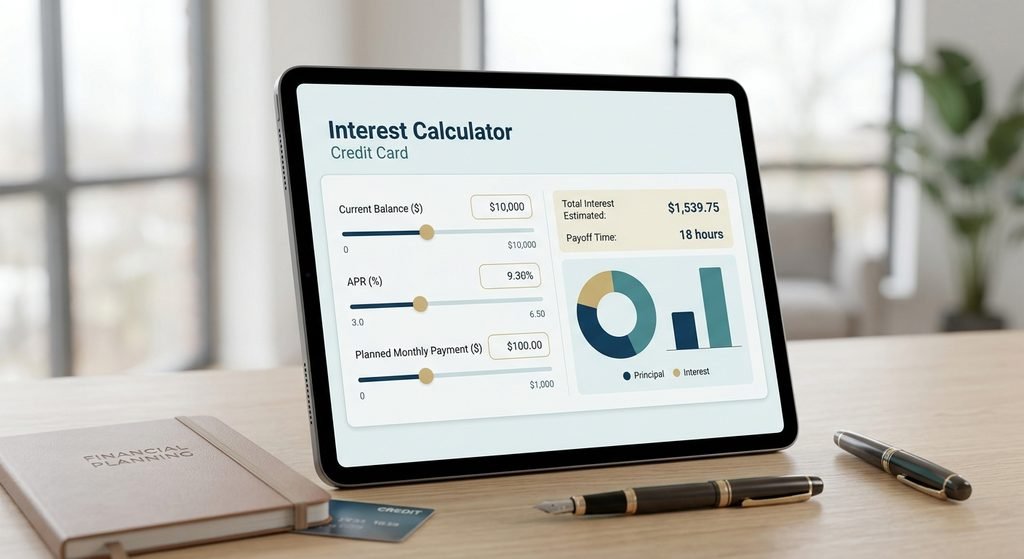 Professional credit card interest calculator concept with a credit card, calculator, payment planning notes, and financial analysis tools.