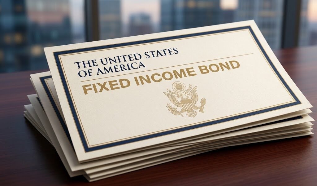 Fixed income bonds investment concept with bond certificates and a financial market chart.