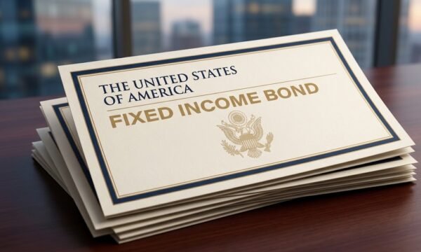 Fixed income bonds investment concept with bond certificates and a financial market chart.
