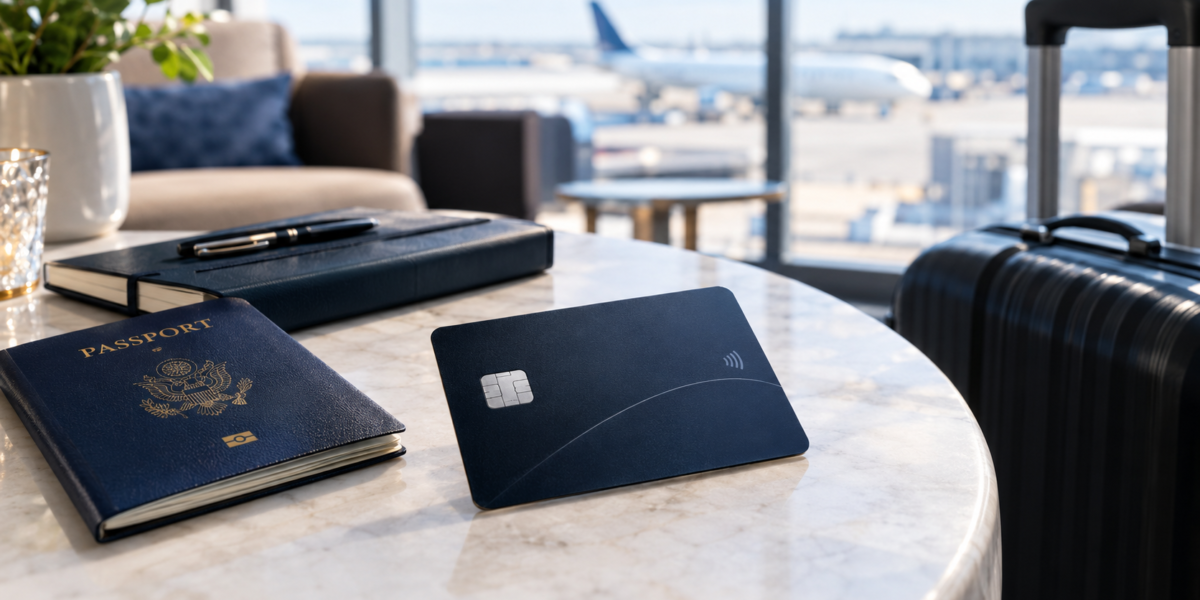 A premium travel credit card beside a passport and travel notebook in an airport lounge.