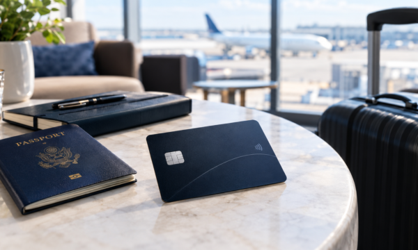 A premium travel credit card beside a passport and travel notebook in an airport lounge.