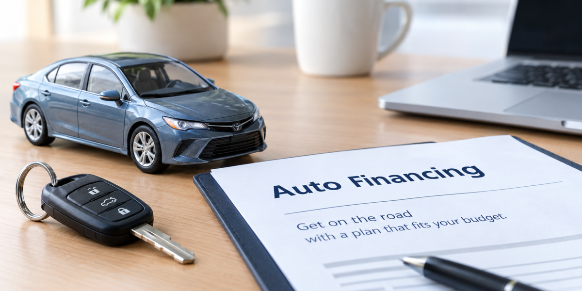 Proposed alt text, to be checked against the final image: Car buyer reviewing auto financing options on a laptop at a Capital One Auto Finance.