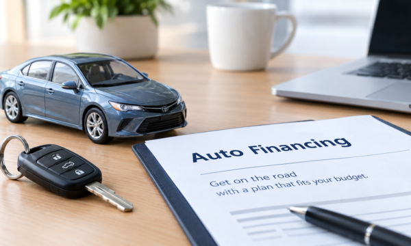 Proposed alt text, to be checked against the final image: Car buyer reviewing auto financing options on a laptop at a Capital One Auto Finance.