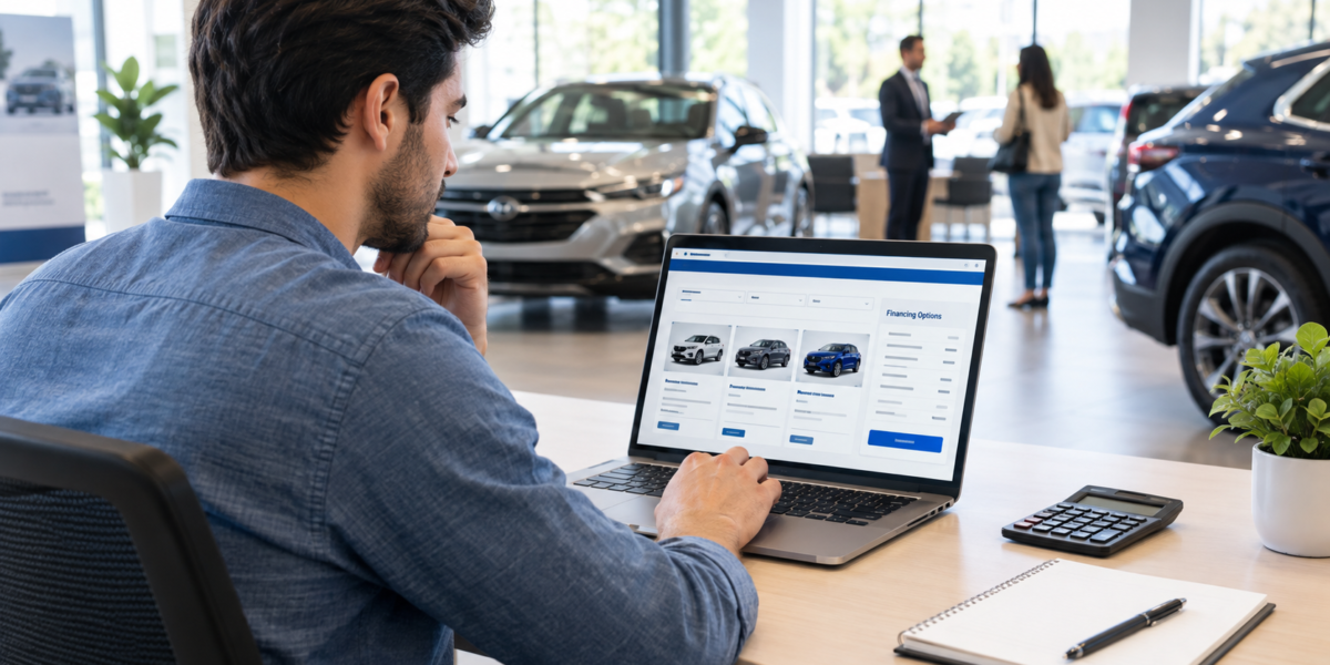 A car buyer reviewing vehicle options and auto financing information on a laptop at a modern dealership Capital One Auto Navigator .