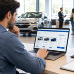A car buyer reviewing vehicle options and auto financing information on a laptop at a modern dealership Capital One Auto Navigator .
